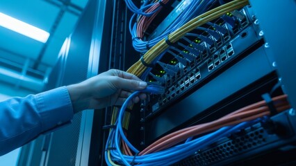 Server Room Connection Engineer Plugs Cable into Network Switch Modern Tech.