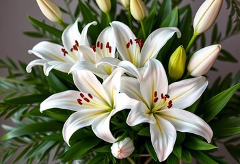 Fototapeta premium Elegant bouquet of pristine white lilies, lush green foliage, plant, arrangement