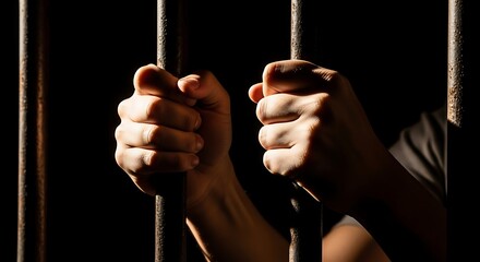 Hands gripping prison bars in a dark and moody atmosphere