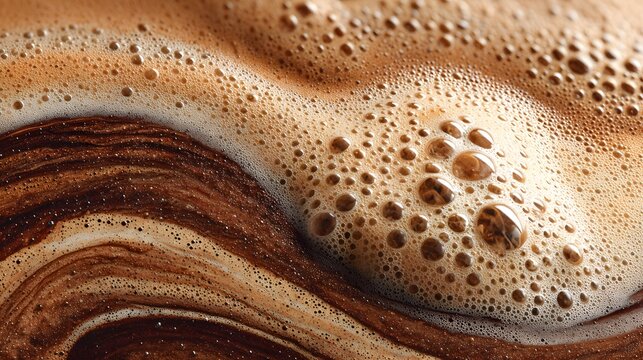 Extreme close-up top view of espresso coffee foam texture with swirling crema bubbles in rich brown and beige tones abstract background.