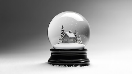 black and white snow globe with house and trees inside on a snowy surface
