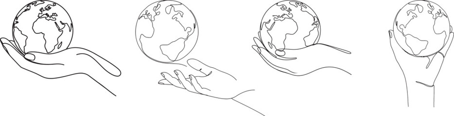 Collection of human hand gently holding a globe representing Earth Outline collection, Hands Holding World, vector outline design. 