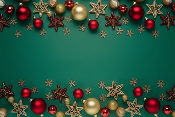 christmas background with red balls Holiday Christmas greeting frame with gifts and ornaments on green background, festive winter flat lay top view