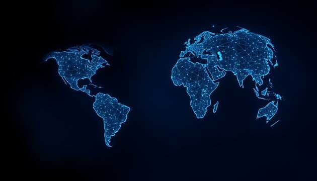 Digital Blue Wireframe World Map With Glowing Connections On Dark Background globe earth - Powered by Adobe