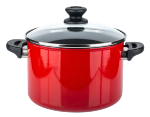 Shiny red stock pot with glass lid and black handles