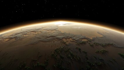 Planet surface with atmosphere and stars in space  sunrise on a distant world