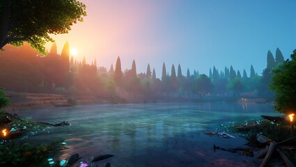 serene lake landscape with trees and sunset in the background