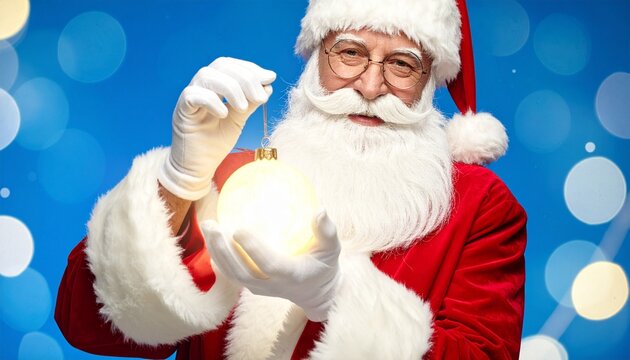 Santa in classic red suit holds glowing ornament against festive blue bokeh background, evoking warmth, magic, and holiday cheer.