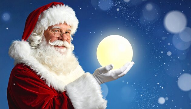Santa in classic red suit holds glowing ornament against festive blue bokeh background, evoking warmth, magic, and holiday cheer.
