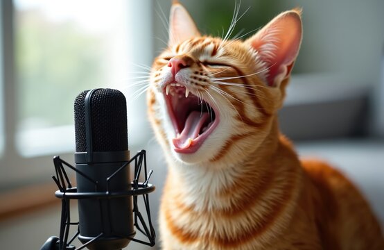Ginger cat is singing a song into a professional microphone. The pet has its mouth open wide in a loud meow or vocalization. This funny scene suggests a feline star performing music.