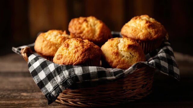 Golden Muffins Arranged Neatly inside a Woven Basket Lined with Black and White Gingham Cloth on a Rustic Wooden Table with Warm Lighting