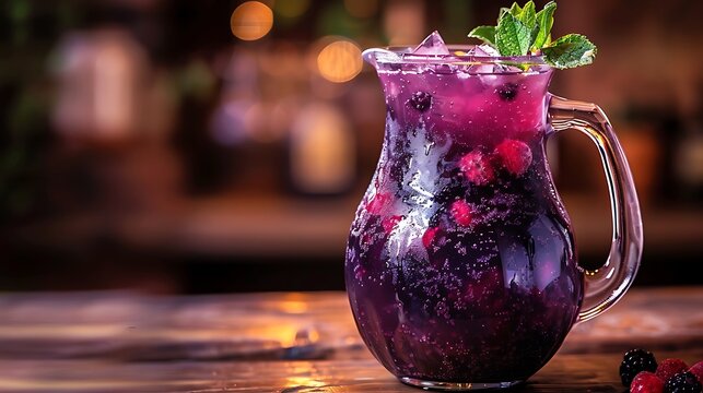 A glass pitcher filled with a purple drink with berries and mint on a wooden surface in a bar setting