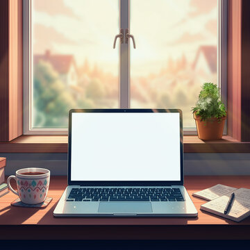 Cup of coffee and laptop on the window