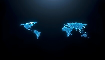 Digital world map formed by glowing blue interconnected data points on a dark background earth network