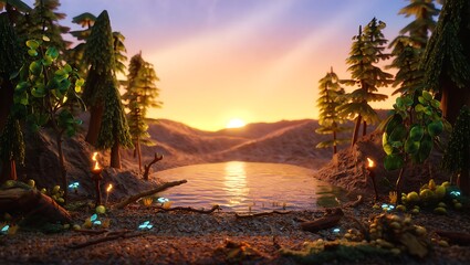 serene lake surrounded by trees at sunset with fireflies flying around a peaceful natural scene