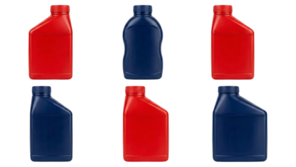 Colorful collection of plastic bottles arranged in a grid on a transparent background