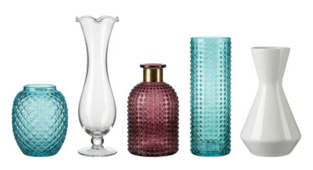 Elegant glass vases and bottles arrangement on smooth black background isolated transparent
