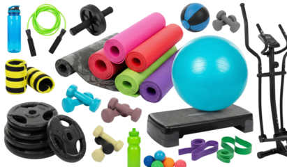 variety of colorful fitness equipment including mats weights and accessories isolated on