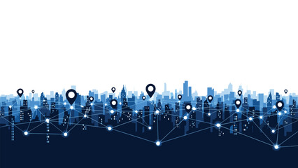 Connected city skyline illustrates the network of modern urban life and technological infrastructure with location pins.