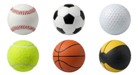Collection of six sports balls with different designs on isolated transparent background