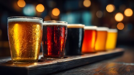 Flight of craft beers in varying shades from pale ale to stout lined up on a dark wooden bar counter with a bokeh pub background.