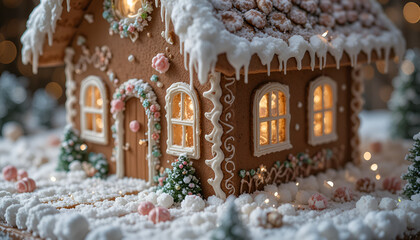 gingerbread house with snow