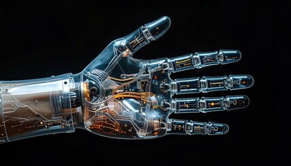A translucent robotic hand, lit from within, extends against a stark black background. Internal mechanics are visible