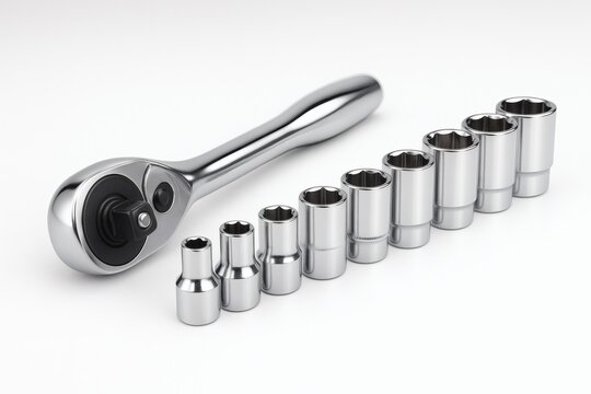 Ratchet Wrench Socket Set Isolated on White Background, Photorealistic 3D Render with Metal Shine