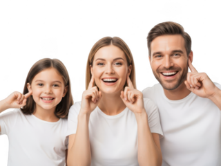 Happy family smiling and plugging ears, isolated on transparent background