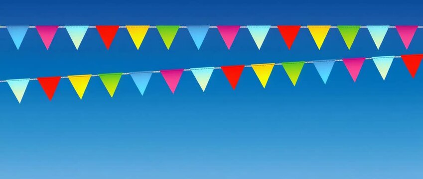 colorful birthday party flags hanging on rope on blue sky background illustrated animation