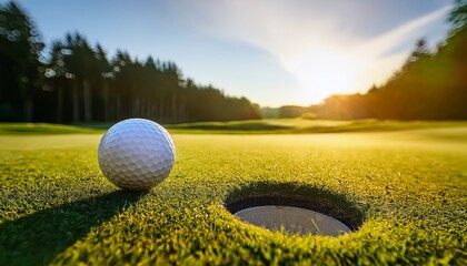 close up of a golf ball resting on the edge of a golf hole on a green course with sunlight and trees in the background