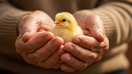 Gentle Hands Cupping a Tiny Fluffy Yellow Chick baby chicken bird