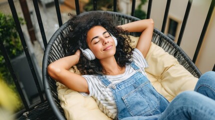 Young woman enjoying quiet time listening to music with headphones, relaxing on a chair on her balcony