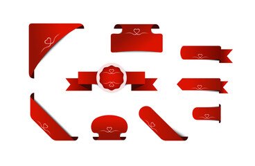 Red valentine's day sale label set with white love hearts vector. 3d price tag vector set to use for 14th february sale, valentines day promotion, web offer, price tag, special offer. 