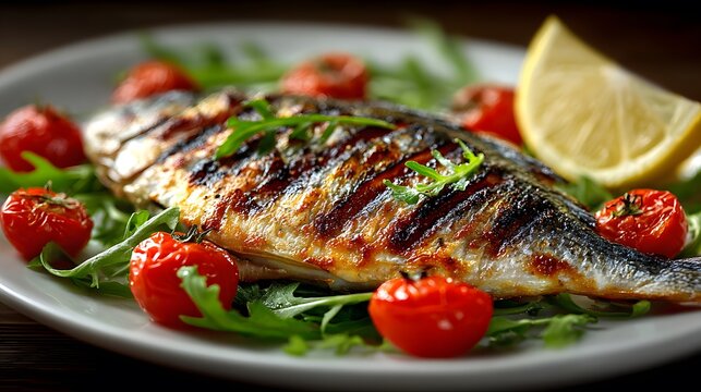 Gourmet grilled whole dorade fish served on a white plate with cherry tomatoes, fresh arugula and a lemon wedge in professional style.