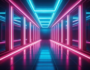 futuristic empty corridor with glowing neon pink and blue triangular light frames reflecting on shiny floor creating a moody atmosphere