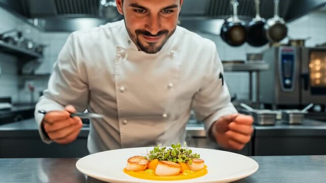 Male chef carefully plating scallops with garnish in a professional kitchen, demonstrating culinary expertise for fine dining presentation.