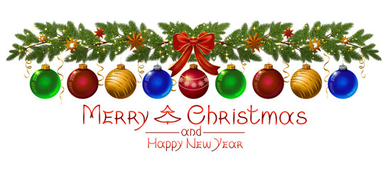 Merry Christmas and New Year colorful decorations with green fir branches
