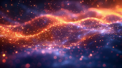 Abstract glowing orange particle wave background with blue bokeh lights and digital energy flow