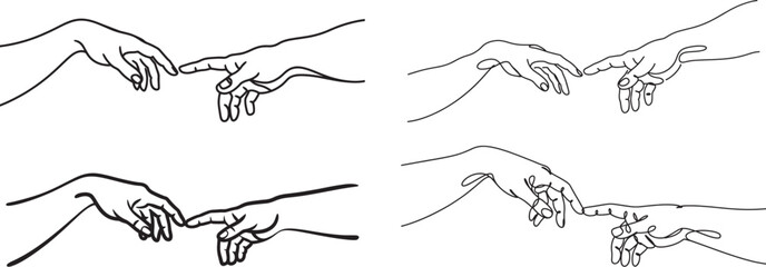 Collection of Two hands, rendered in a continuous line drawing style, iconic depiction of God and Adam, in a clean outline design.