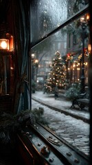 Cozy train window view of Christmas tree on snowy city street
