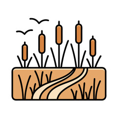 Illustration of cattails and birds in a wetland environment with a winding path.