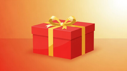 Red Gift Box with Gold Ribbon on Gradient Orange Background Vector Illustration