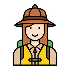 Illustration of a female explorer wearing a safari hat and backpack.
