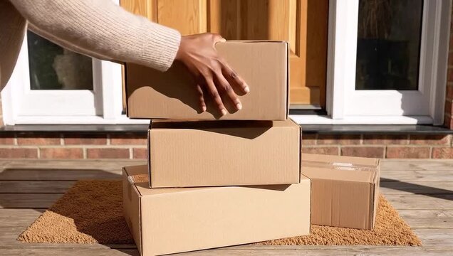 Ecommerce Delivery Packages on Doorstep Home Online Shopping Parcels Arriving