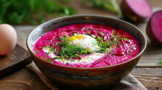 A bowl of bright pink borscht soup topped with a poached egg and fresh dill on a wooden surface