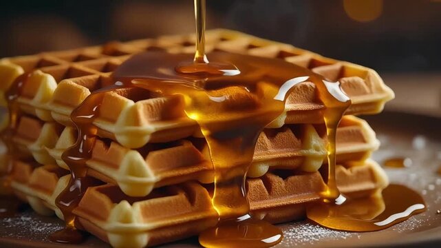 Thick maple syrup dripping slowly onto waffle, stretching and pooling between the waffle squares, cinematic lighting.