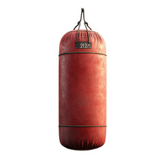 Red punching bag in worn leather texture with metal chain and tag in studio lighting for fitness training isolated on transparent background