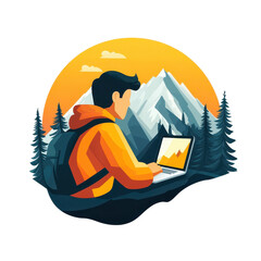 Fototapeta premium Hiker working on laptop in serene mountain landscape with warm orange glow on digital illustration for outdoor adventure branding isolated on transparent background