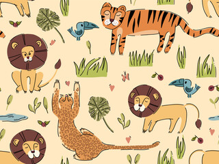 Naklejka premium Seamless pattern with lions, tigers, leopards and toucan. Hand Drawn Cute Kids Tropical Print.